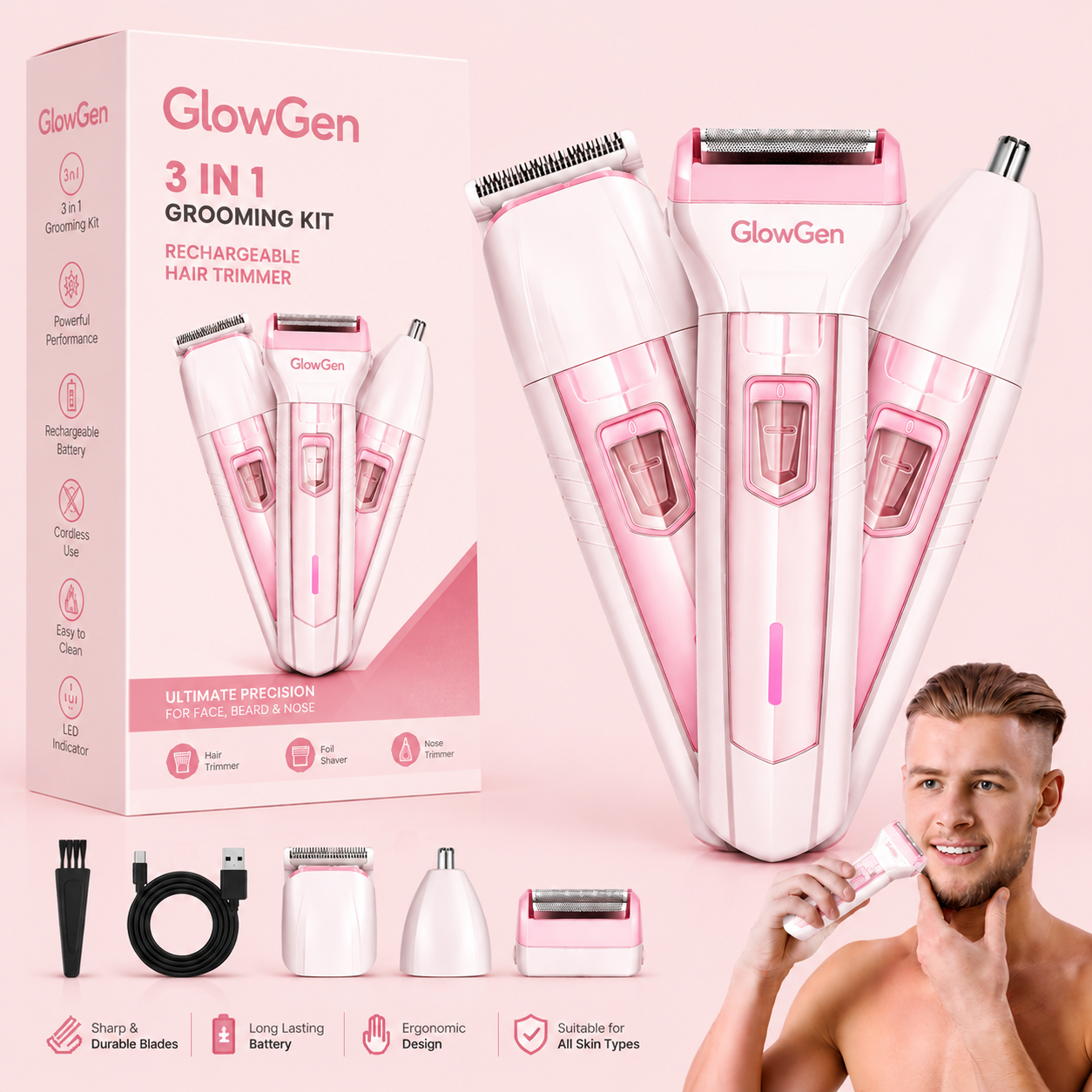 GlowGen 3-in-1 Rechargeable Grooming Kit | Beard Trimmer & Hair Shaver